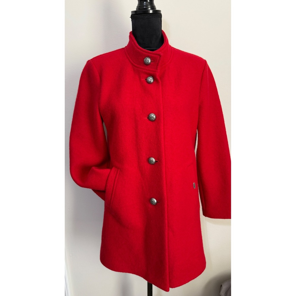 Geiger‎ Austria Red Boiled Wool Coat Tyrolean Jacket Silver Metal Buttons Sz 34*